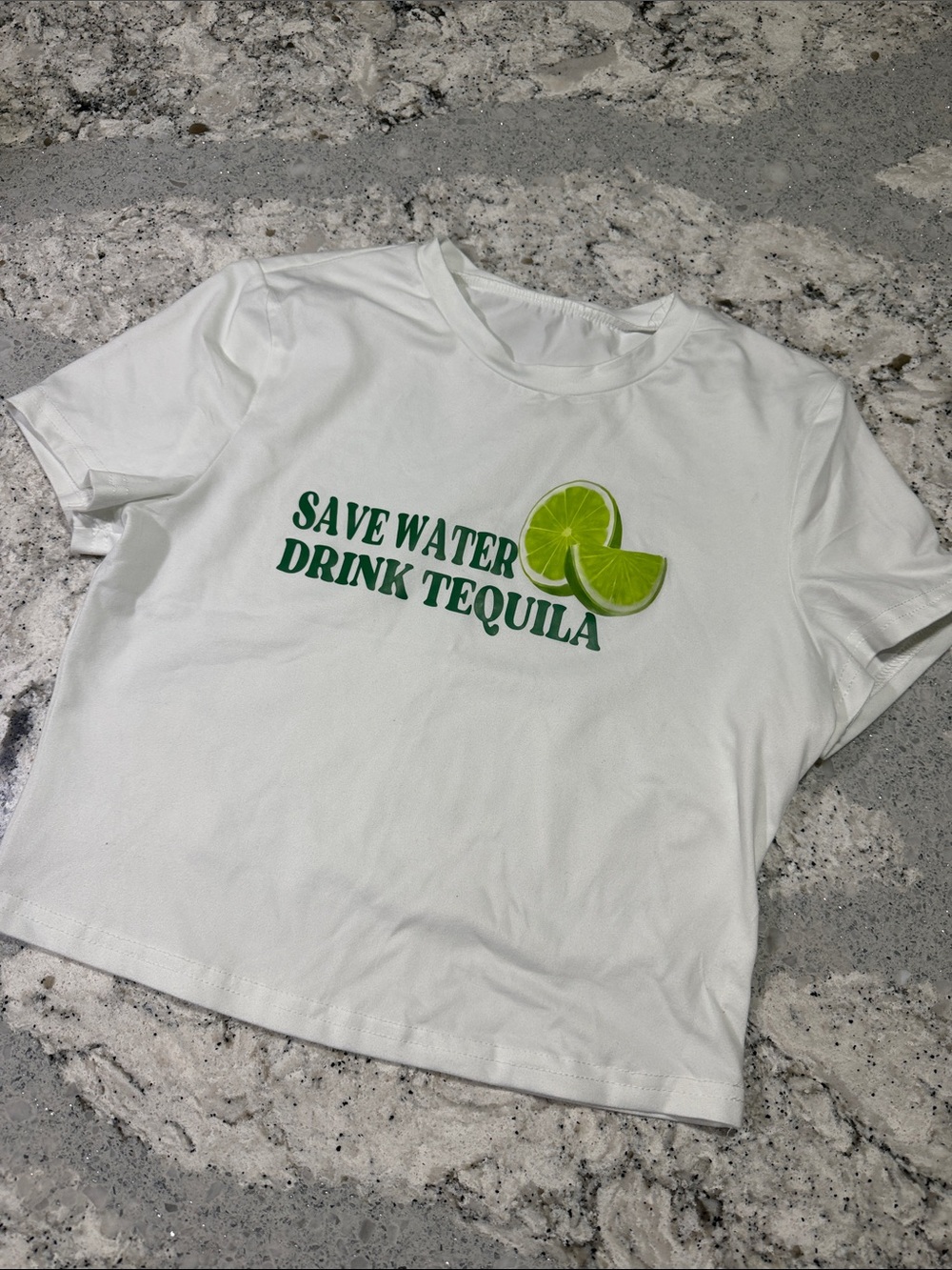 Save Water Drink Tequila Women’s soft white medium tee shirt- waist length